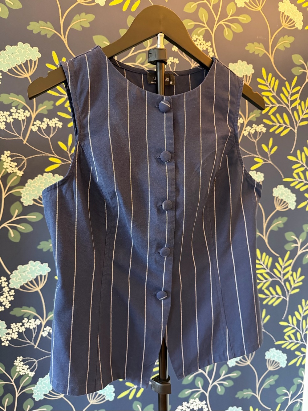 Lulumari Navy Pinstripe Button Front Vest Gold Buckle Back Size M